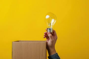 Hand coming out of a cardboard box holding a light bulb, concept of idea and creativity. - obrazy, fototapety, plakaty