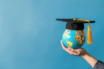 Hand holding a globe with graduation cap, concept of knowledge, learning and graduation. - obrazy, fototapety, plakaty