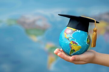 Hand holding a globe with graduation cap, concept of knowledge, learning and graduation. - obrazy, fototapety, plakaty