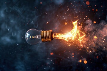 Light bulb taking off like a rocket, concept of innovation, creativity and idea, black background.