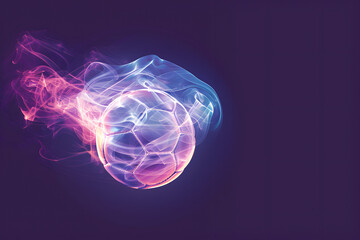 illustration of a soccer ball in colored smoke on a dark purple background, background image in neon colors with space for text with a soccer ball and smoke