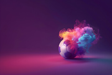 illustration of a soccer ball in colored smoke on a dark purple background, background image in neon colors with space for text with a soccer ball and smoke - Powered by Adobe