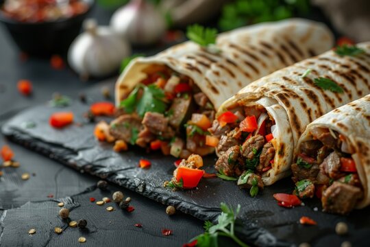 Burritos with meat, vegetables and garlic  on dark background. Mexican traditional cuisine. 