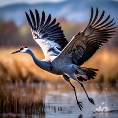 Fototapeta premium common crane in gracious flight neck arching elegantly