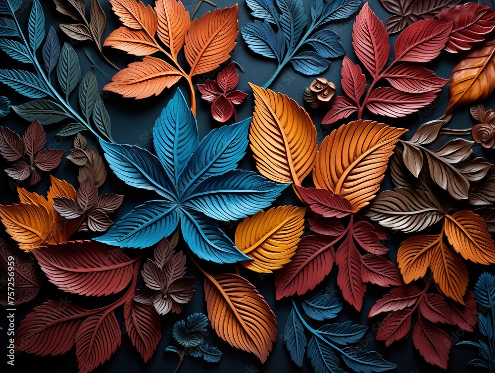 Fototapete Computer graphics of abstract floral psychedelic background stylization of colored chaotic stickers in the form of leaves