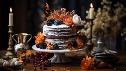 Naklejka premium Stack of banana pancakes on a blue plate with fresh berries and honey for breakfast