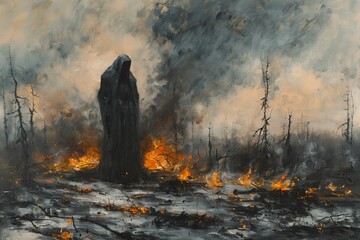Oil painting i, the silhouette of an old man in a black robe standing on burning ground surrounded by dead trees.