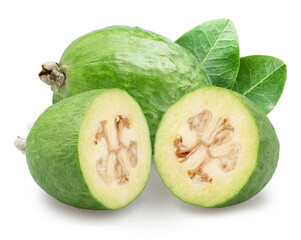 Feijoa fruits with leaf and cross cuts of feijoa on white background. File contains clipping path. - 757257701