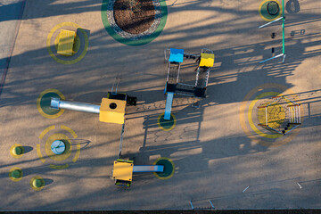 Aerial view of colorful playground for small kids recreation area neighborhood community.
