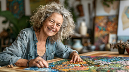 Fototapeta premium Cognitive Connection: Senior Woman and Caregiver Solving Puzzle Together