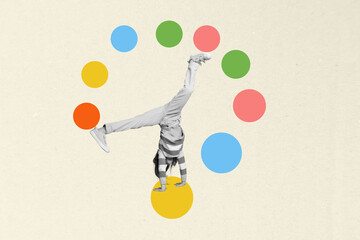 Creative photo picture collage funky cool dancer hip hop style motion rhythm colorful circles...