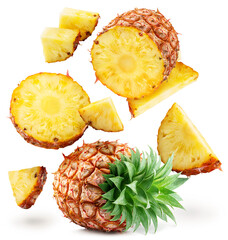 Ripe pineapple  and pineapple slices isolated on white background. File contains clipping path. - 757258509