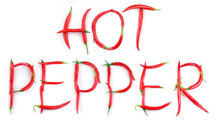 Chili fresh peppers arranged in words "HOT PEPPER" isolated on white background.