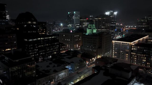 Aerial view Panorama of Halifax at night. Stunning cityscapes in lights with dark skies, and city traffic at night, Canada.