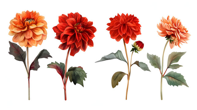 Set of Dahlias - Botanical Vector Vintage Illustration, Exquisite Floral Art Perfect for Decoration and Nature Themes - Generative AI