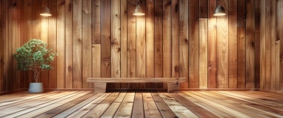 The Natural Elegance of a Wooden Wall Background Paired with a Matching Floor, copy space for text