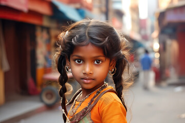 girl Indian Beautiful in her teens or younger talking head shoulders shot bokeh out of focus background on a cosmopolitan western street vox pop website review or questionnaire candid photo - obrazy, fototapety, plakaty