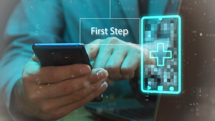 Cg tech collage. Symbol of medical care and treatment road map against the background of a businessman using a smartphone and laptop