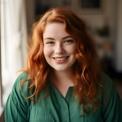 Portrait of a Red-Haired Woman in a Green Dress Generative AI
