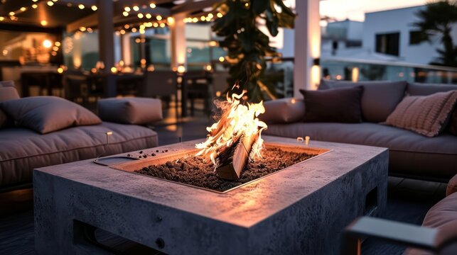 scene of a coffee table with a built-in fire pit, creating a cozy and inviting atmosphere in a modern outdoor lounge setting