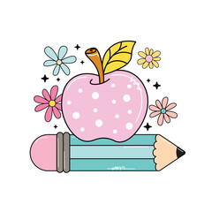 School pencil and apple vector, back to school clip art. Groovy pencil and apple vector
