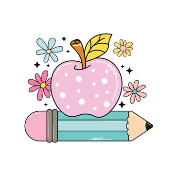 recommend clip art: School pencil and apple vector, back to school clip art. Groovy pencil and apple vector
