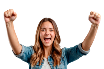 Woman celebrating victory with arms raised isolated on transparent background. Png of young blonde woman celebrating success, achievement or result