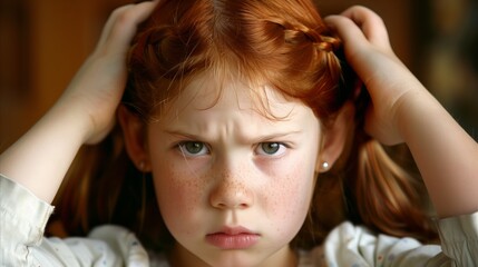 Naklejka premium Frustrated young girl with hands on head looking displeased