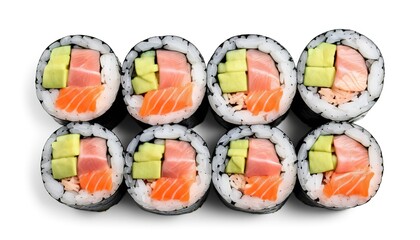 Maki Sushi rolls with salmon and tuna.  Isolated on white background