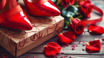 Crafting the Perfect Women's Gift with a Red Shoe, Roses, and a Box on Timber