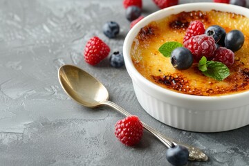 Delicious creme brulee with berries in bowl and spoon on grey table, closeup. Space for text