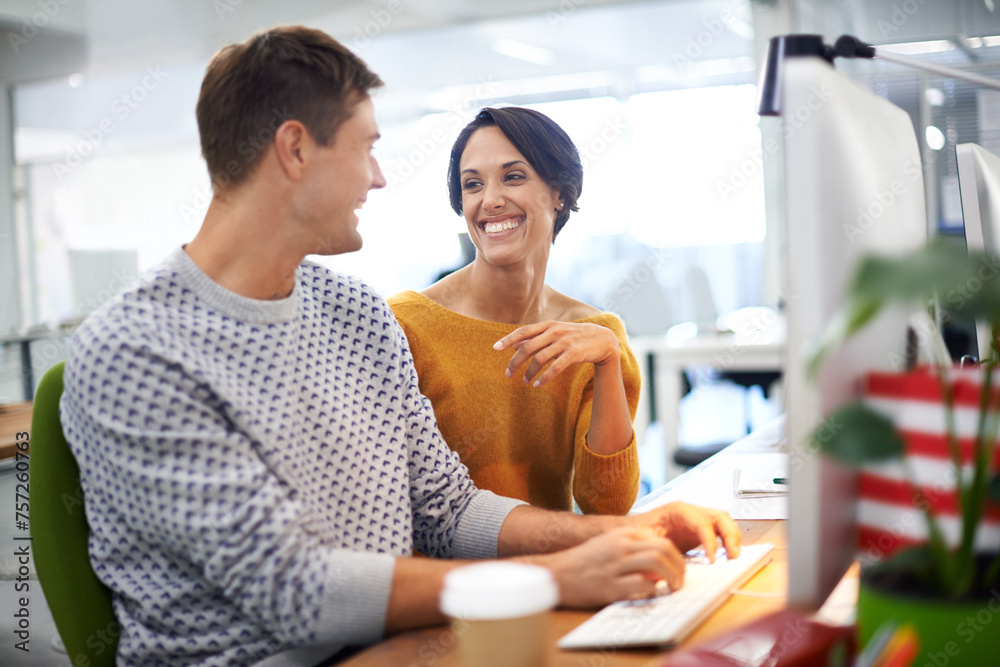 Poster computer, discussion and businessman with woman in office of startup company with creative career. c