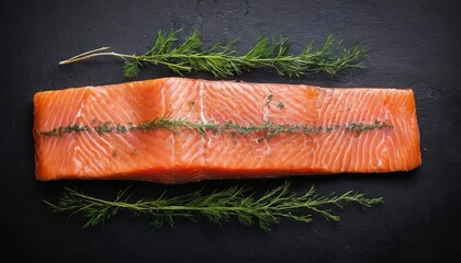 Nordic Gravlax Salmon fillet with dill. Black background.