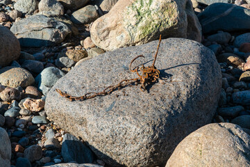 Weathered Chain on Rocky Landscape Bathed in Natural Light.
