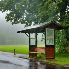 비가 내리는 시골의 한 버스정류장