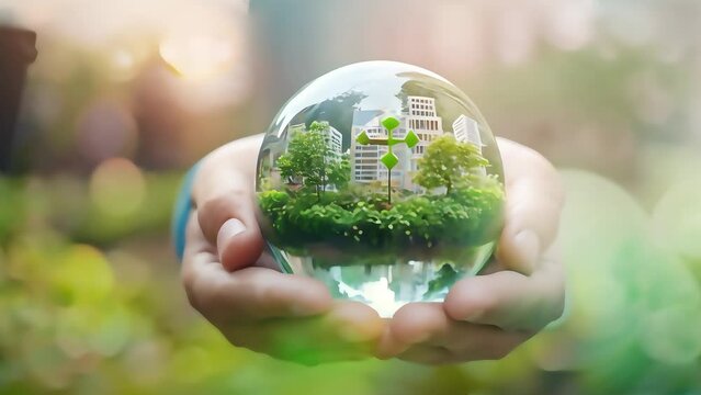 Hands holding a crystal ball reflecting a green park, symbolizing environmental conservation and a sustainable future.