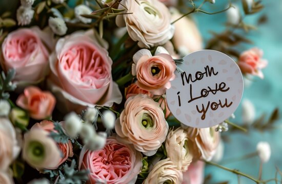 Mother's Day Joy: Pink Carnations and Baby's Breath with Handwritten 'MOM I LOVE YOU' on Blue Bokeh Background