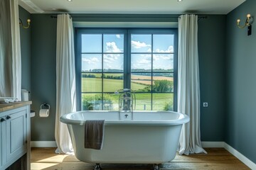 Luxurious bathroom interior with bathtub and window overlooking the countryside.