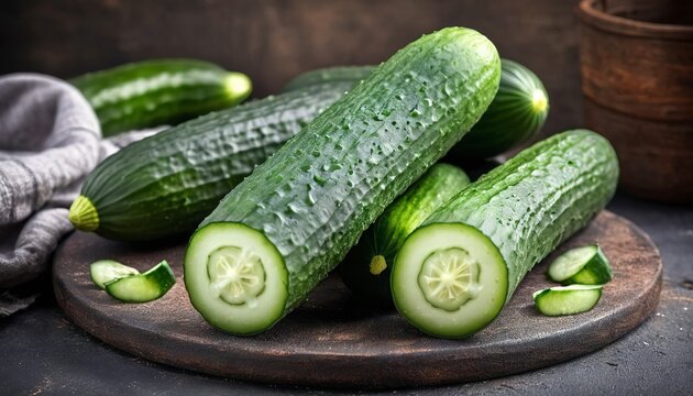 Pieces of fresh cucumbers. On rustic background