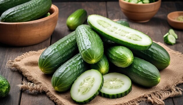 Pieces of fresh cucumbers. On rustic background