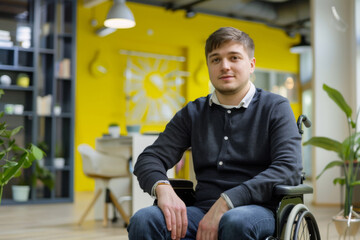 Fototapeta na wymiar Portrait of a young man in a wheelchair in a modern office.