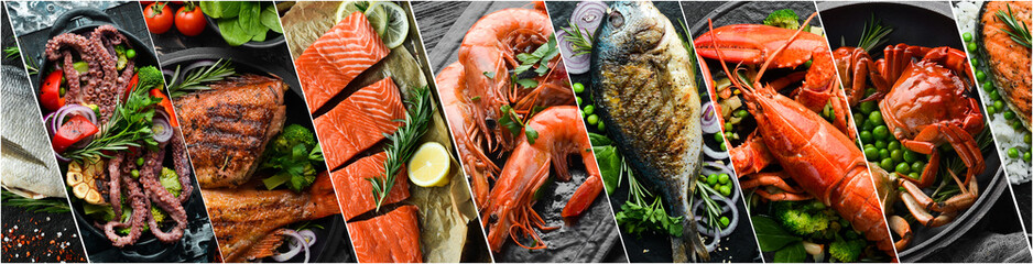 Collage. Fish and seafood. Seafood dishes. On a black stone background.