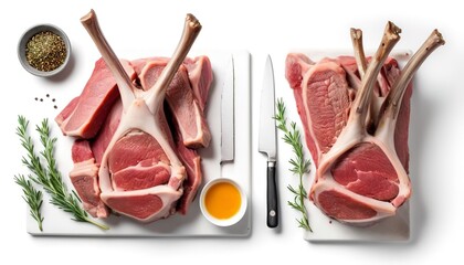Rack of lamb ready for cooking  Isolated on white background - obrazy, fototapety, plakaty