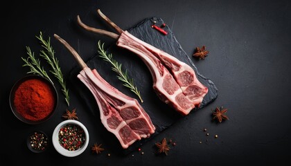 Rack of lamb, raw mutton ribs on kitchen table with spices. Black background