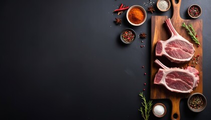 Rack of lamb, raw mutton ribs on kitchen table with spices. Black background