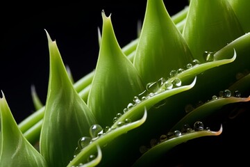 Close up macro sprouts of aloe plant with water droplets after watering, concept of alternative health and face and body care	
