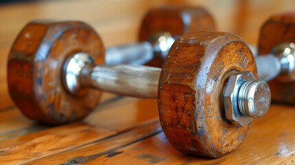 Vintage wooden dumbbells on a gym floor ready for workout