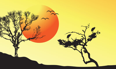 Silhouette of a tree at sunset, vector art illustration.