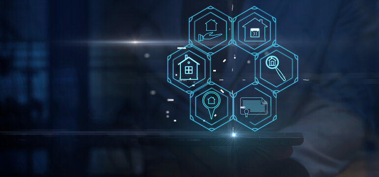 Cg tech collage. Against the background of the silhouette of an employee with a laptop there is a circle of hexagons with symbols of the development of the real estate market and related services