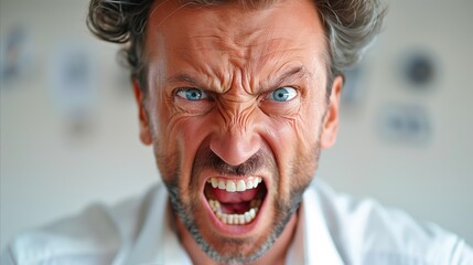 Angry man expressing frustration and rage in close-up - obrazy, fototapety, plakaty